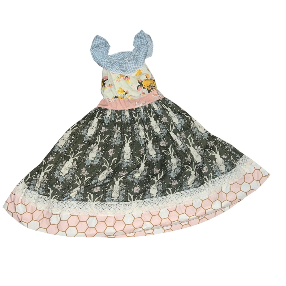 Matilda Jane Platinum Girls Bunny Floral Mixed Print Dress Lace Trim Size 8